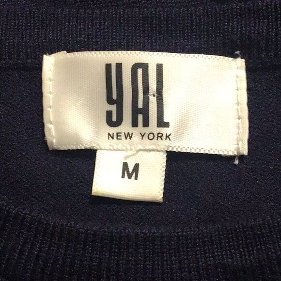 YAL NY Navy Blue White Mesh Overlay Striped Knit Nautical Pullover Top - Picture 16 of 16